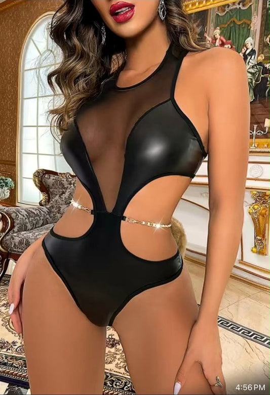 Women’s Black Lace Cut-Out Teddy Bodysuit – Sheer Mesh Lingerie